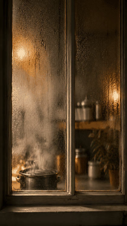 A kitchen window, steam on the glass